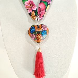 Tasseled Hand Painted Wood Heart Necklace